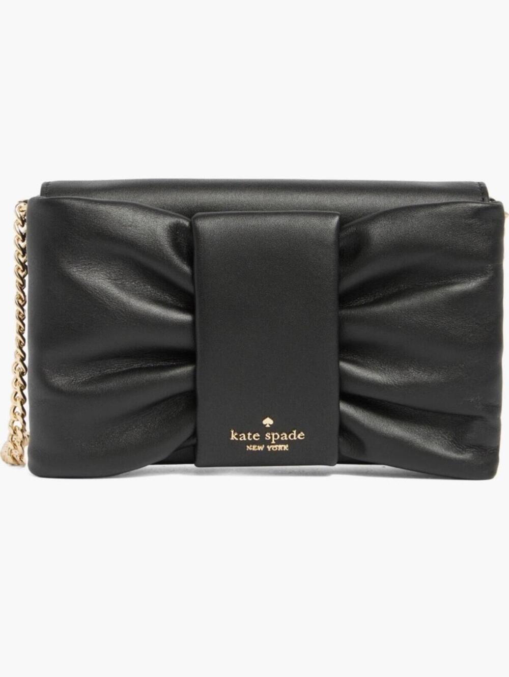 Kate Spade New York Millie Black Bow Clutch Crossbody Bag with Gold Chain